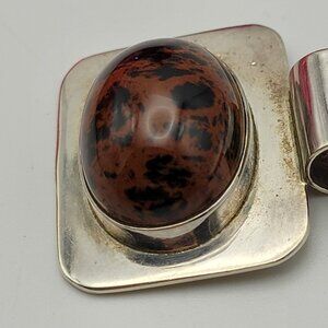 Vintage Mexico 950 Sterling Silver Mahogany Obsidian Cabochon Square Art Deco